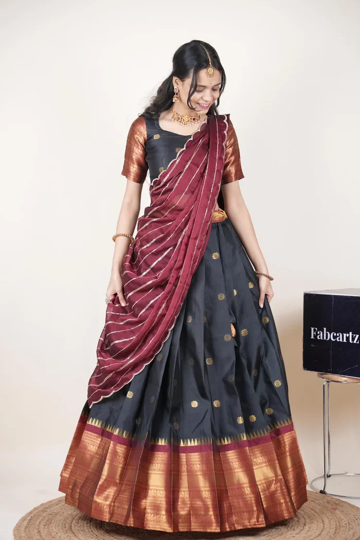 Beautiful South Indian Style Half Saree with Embroidery Blouse and Dupatta for Women | Hyderabadi Kv - Image 13