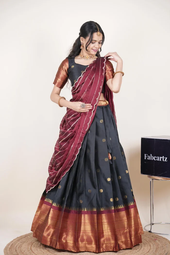 Beautiful South Indian Style Half Saree with Embroidery Blouse and Dupatta for Women | Hyderabadi Kv - Image 14