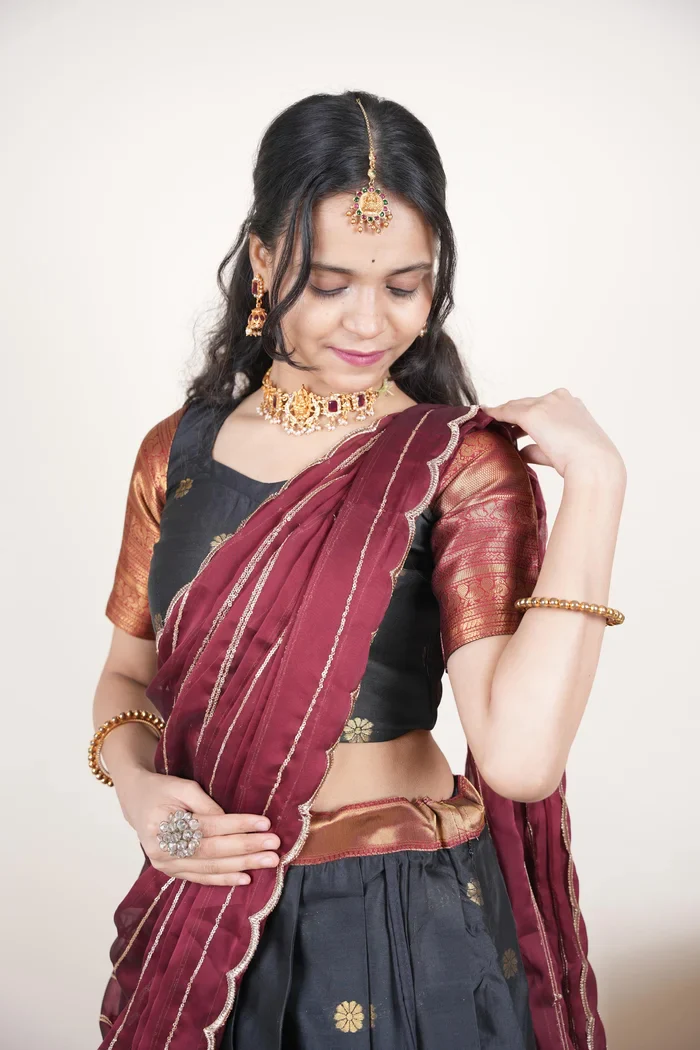 Beautiful South Indian Style Half Saree with Embroidery Blouse and Dupatta for Women | Hyderabadi Kv - Image 15