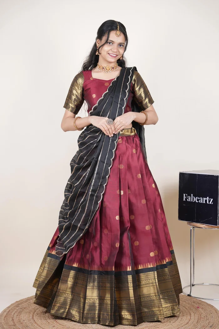 Beautiful South Indian Style Half Saree with Embroidery Blouse and Dupatta for Women | Hyderabadi Kv - Image 17