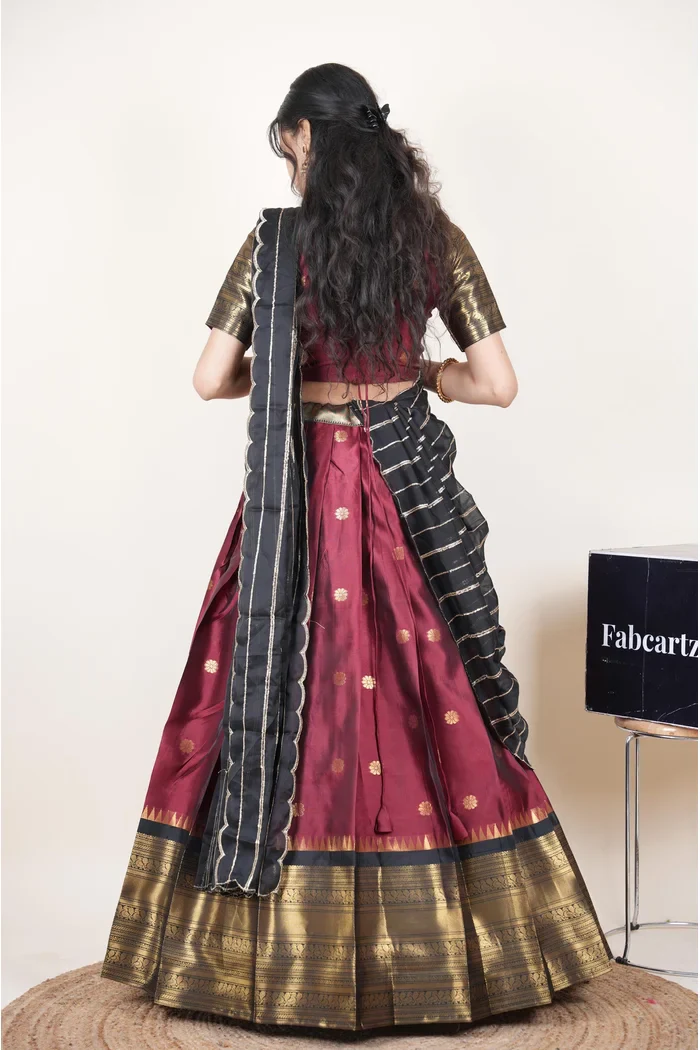 Beautiful South Indian Style Half Saree with Embroidery Blouse and Dupatta for Women | Hyderabadi Kv - Image 18