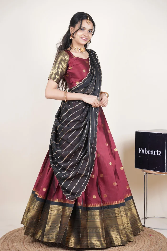 Beautiful South Indian Style Half Saree with Embroidery Blouse and Dupatta for Women | Hyderabadi Kv - Image 19