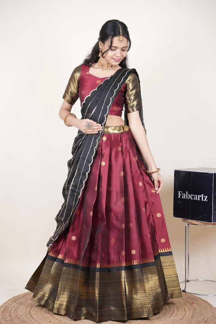 Beautiful South Indian Style Half Saree with Embroidery Blouse and Dupatta for Women | Hyderabadi Kv - Image 20