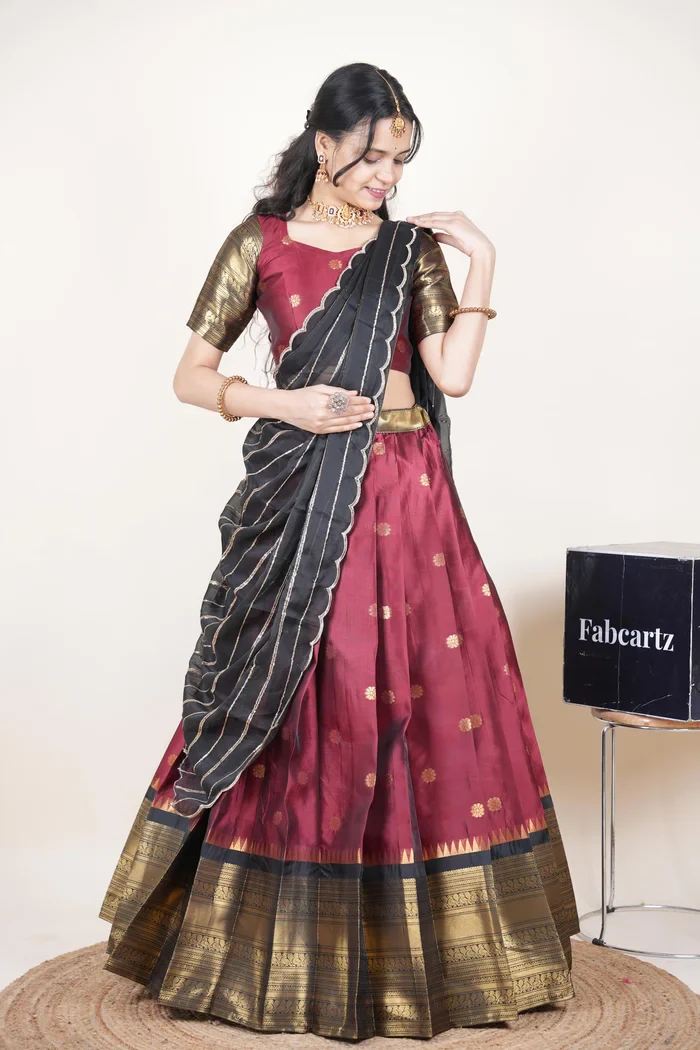 Beautiful South Indian Style Half Saree with Embroidery Blouse and Dupatta for Women | Hyderabadi Kv - Image 21
