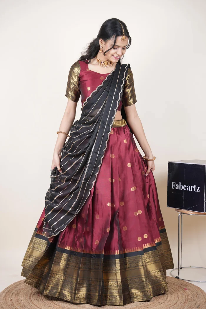 Beautiful South Indian Style Half Saree with Embroidery Blouse and Dupatta for Women | Hyderabadi Kv - Image 22