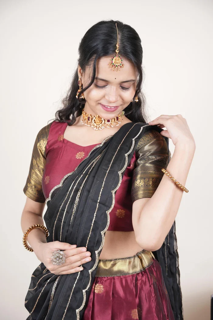 Beautiful South Indian Style Half Saree with Embroidery Blouse and Dupatta for Women | Hyderabadi Kv - Image 23