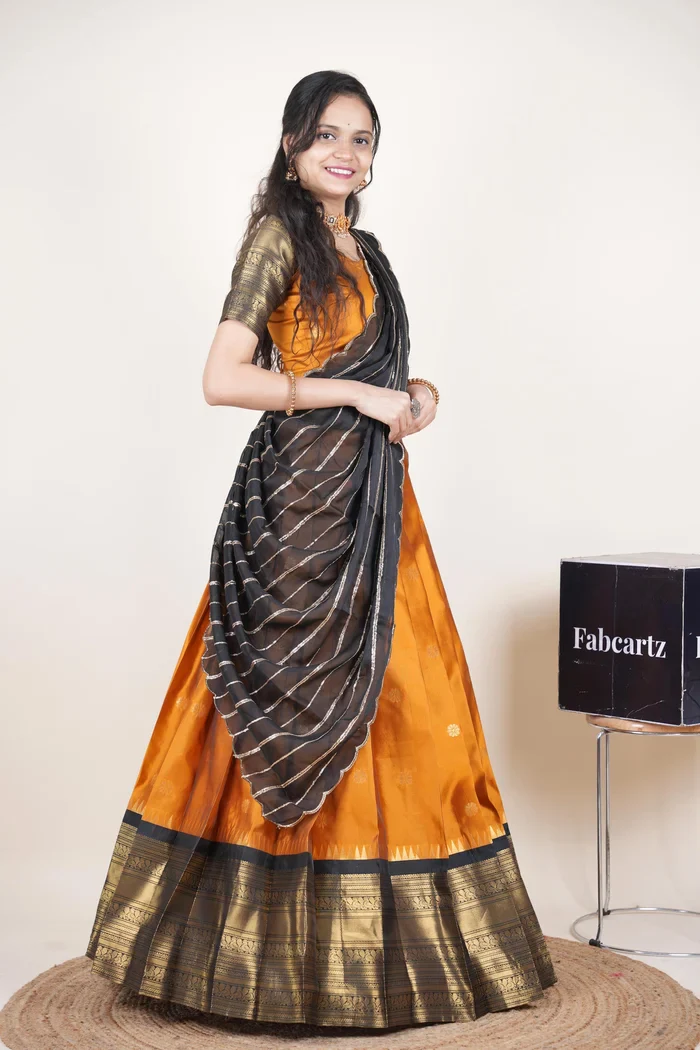 Beautiful South Indian Style Half Saree with Embroidery Blouse and Dupatta for Women | Hyderabadi Kv - Image 27