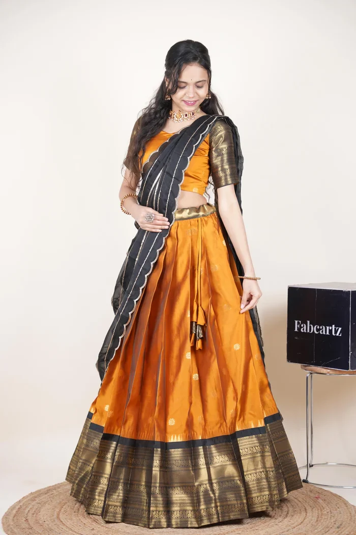 Beautiful South Indian Style Half Saree with Embroidery Blouse and Dupatta for Women | Hyderabadi Kv - Image 28