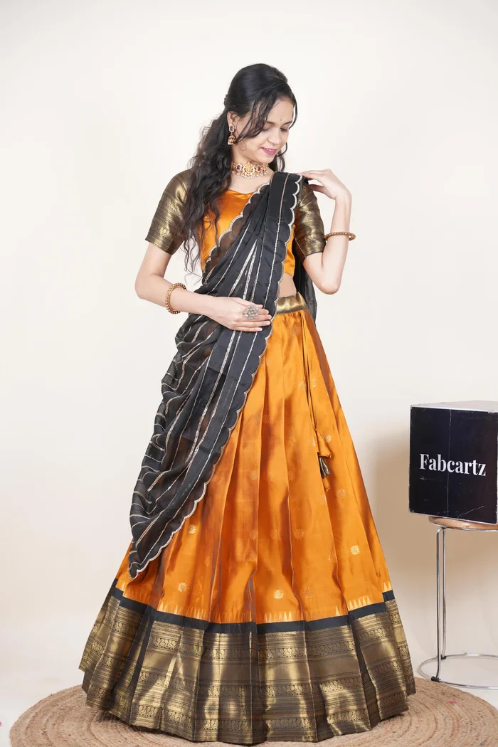 Beautiful South Indian Style Half Saree with Embroidery Blouse and Dupatta for Women | Hyderabadi Kv - Image 29