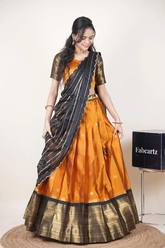 Beautiful South Indian Style Half Saree with Embroidery Blouse and Dupatta for Women | Hyderabadi Kv - Image 30