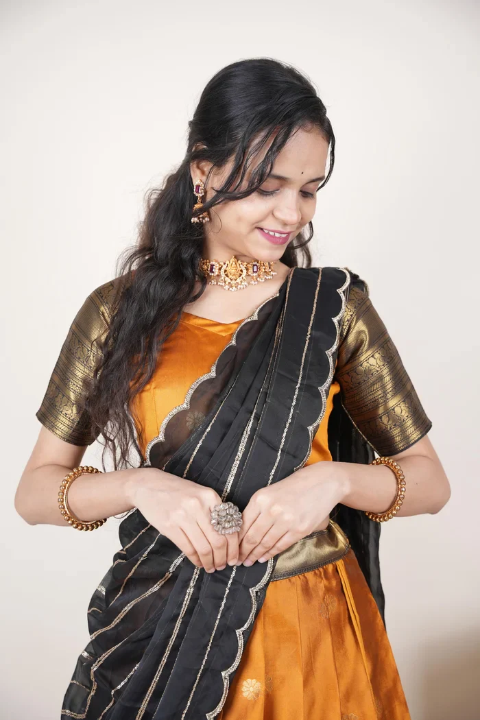 Beautiful South Indian Style Half Saree with Embroidery Blouse and Dupatta for Women | Hyderabadi Kv - Image 31