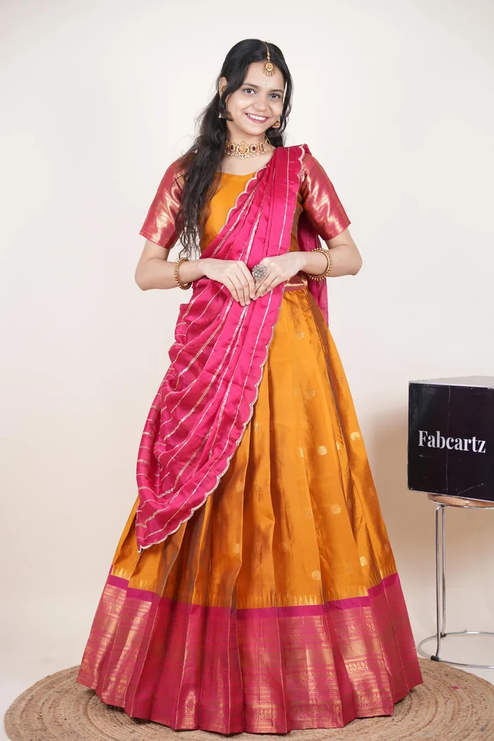 Beautiful South Indian Style Half Saree with Embroidery Blouse and Dupatta for Women | Hyderabadi Kv - Image 33