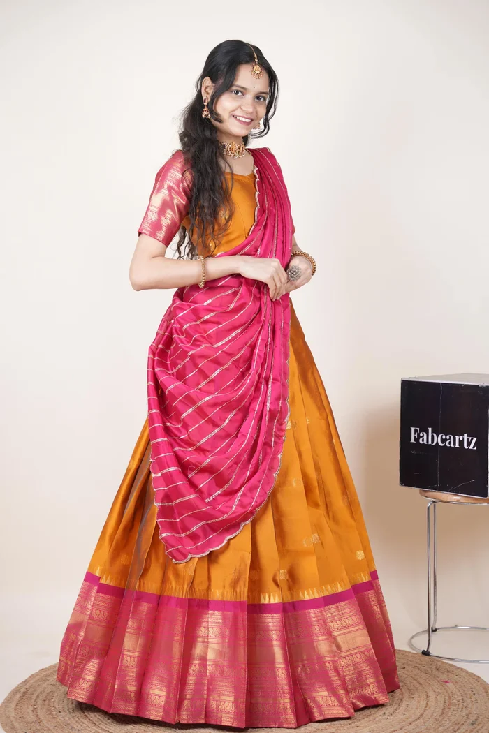 Beautiful South Indian Style Half Saree with Embroidery Blouse and Dupatta for Women | Hyderabadi Kv - Image 35