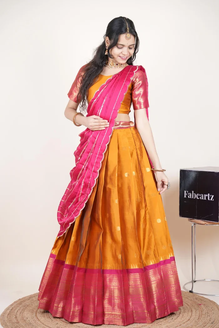 Beautiful South Indian Style Half Saree with Embroidery Blouse and Dupatta for Women | Hyderabadi Kv - Image 36