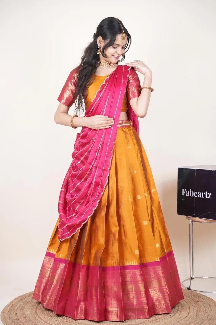 Beautiful South Indian Style Half Saree with Embroidery Blouse and Dupatta for Women | Hyderabadi Kv - Image 37