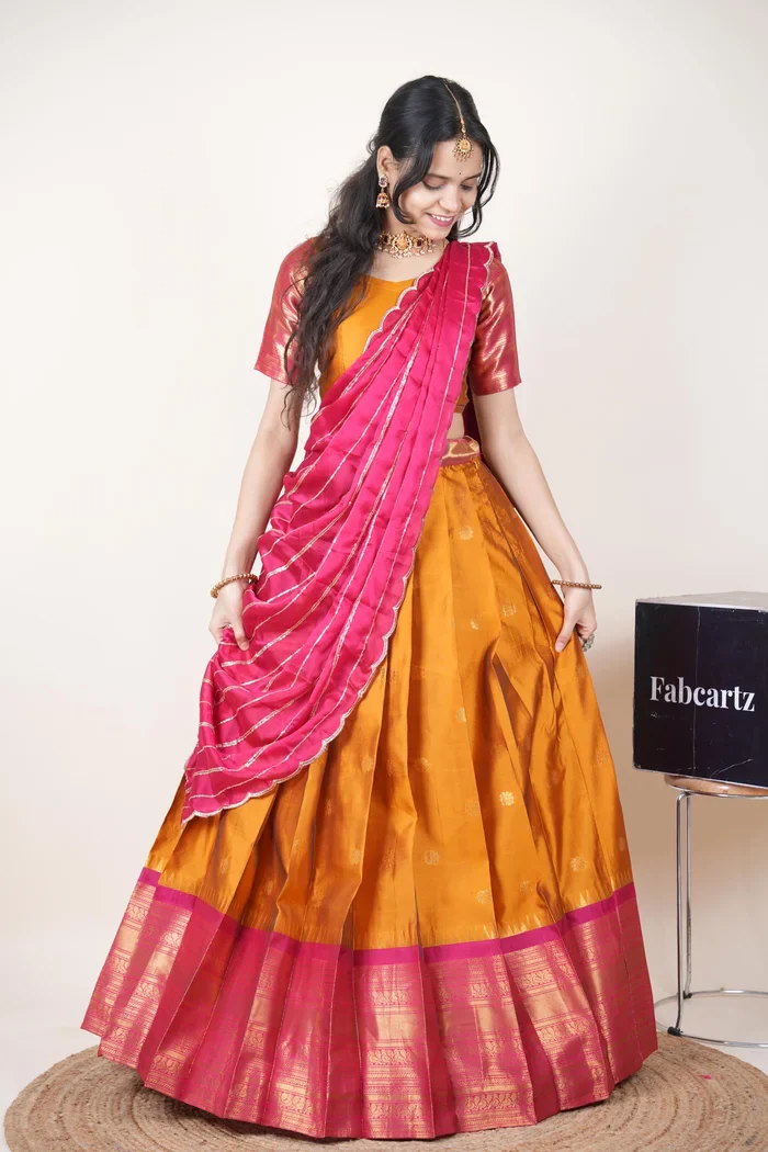 Beautiful South Indian Style Half Saree with Embroidery Blouse and Dupatta for Women | Hyderabadi Kv - Image 38