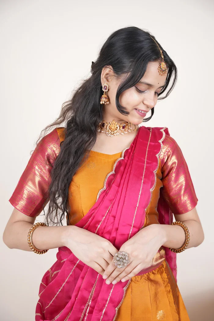 Beautiful South Indian Style Half Saree with Embroidery Blouse and Dupatta for Women | Hyderabadi Kv - Image 39