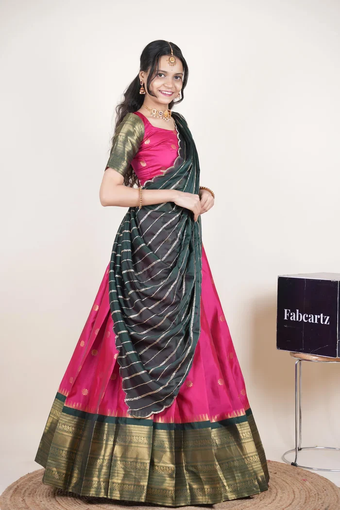 Beautiful South Indian Style Half Saree with Embroidery Blouse and Dupatta for Women | Hyderabadi Kv - Image 43