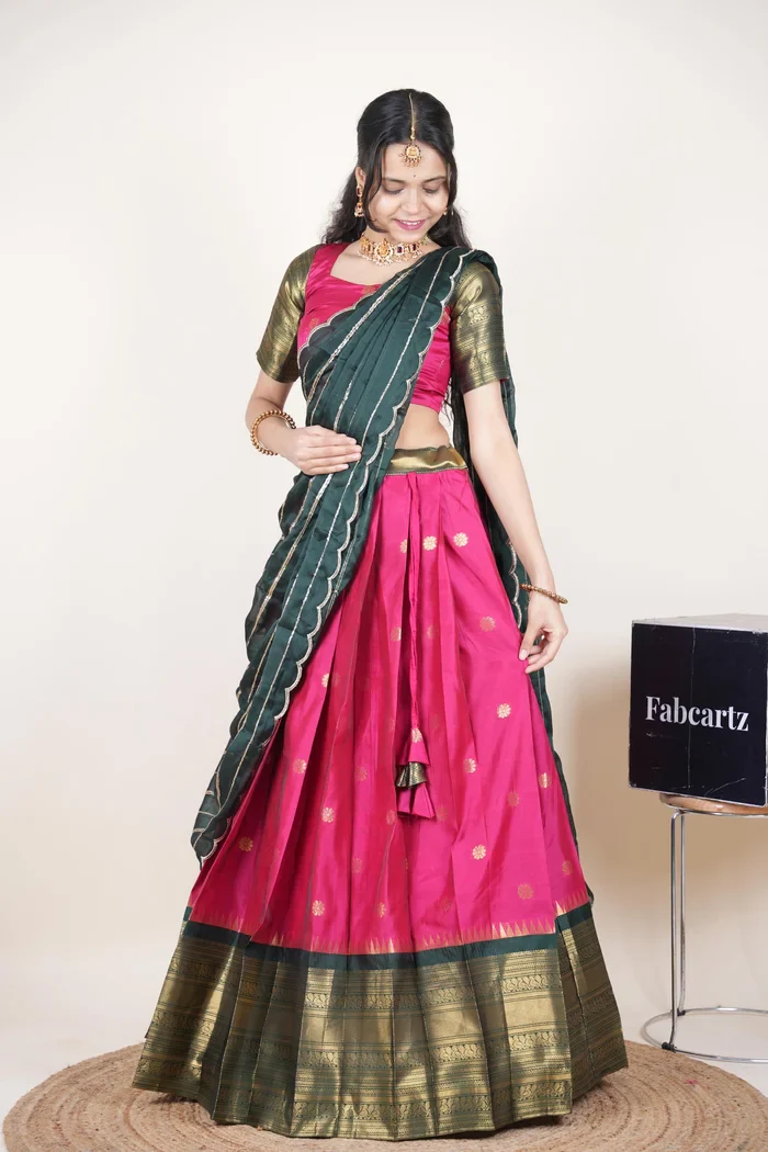 Beautiful South Indian Style Half Saree with Embroidery Blouse and Dupatta for Women | Hyderabadi Kv - Image 44
