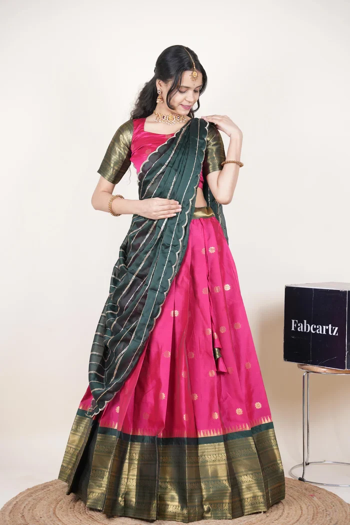 Beautiful South Indian Style Half Saree with Embroidery Blouse and Dupatta for Women | Hyderabadi Kv - Image 45