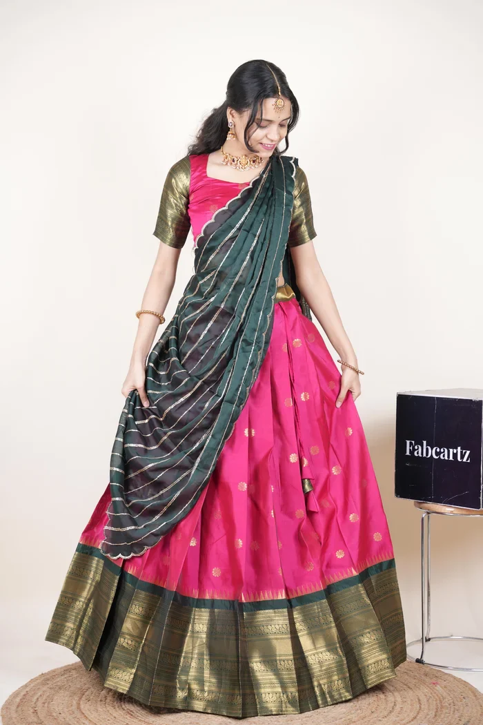 Beautiful South Indian Style Half Saree with Embroidery Blouse and Dupatta for Women | Hyderabadi Kv - Image 46