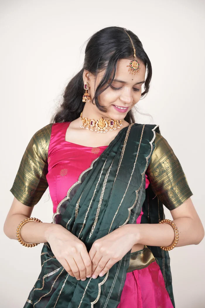 Beautiful South Indian Style Half Saree with Embroidery Blouse and Dupatta for Women | Hyderabadi Kv - Image 47