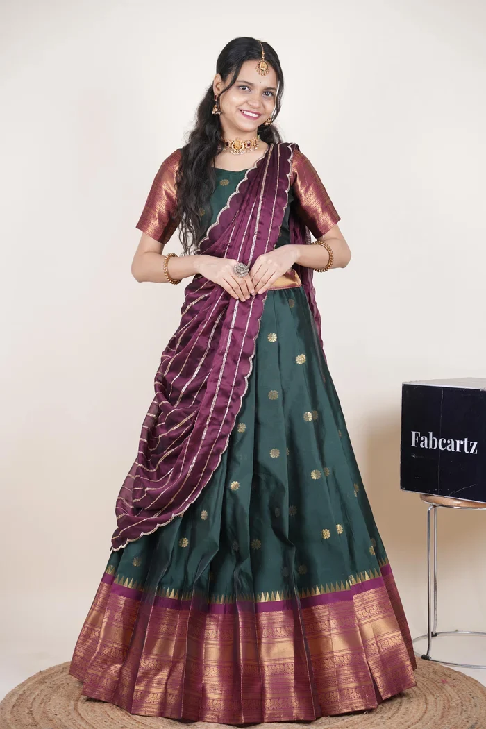Beautiful South Indian Style Half Saree with Embroidery Blouse and Dupatta for Women | Hyderabadi Kv - Image 49