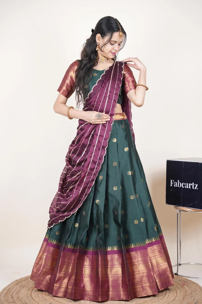 Beautiful South Indian Style Half Saree with Embroidery Blouse and Dupatta for Women | Hyderabadi Kv - Image 5