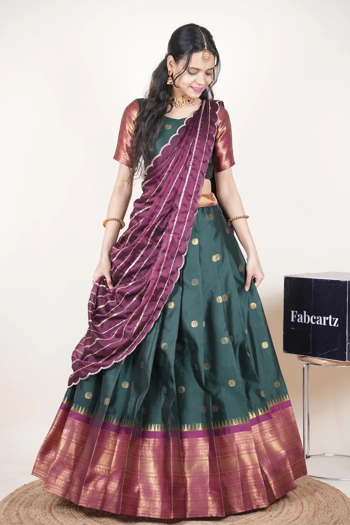 Beautiful South Indian Style Half Saree with Embroidery Blouse and Dupatta for Women | Hyderabadi Kv - Image 6
