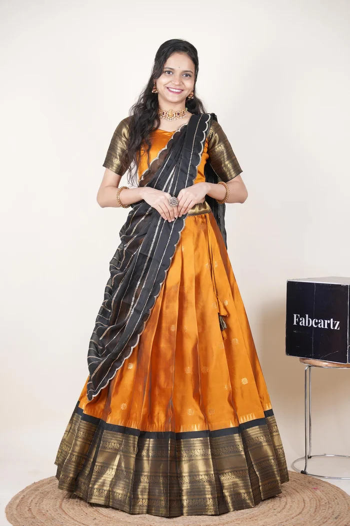 Beautiful South Indian Style Half Saree with Embroidery Blouse and Dupatta for Women | Hyderabadi Kv - Image 70