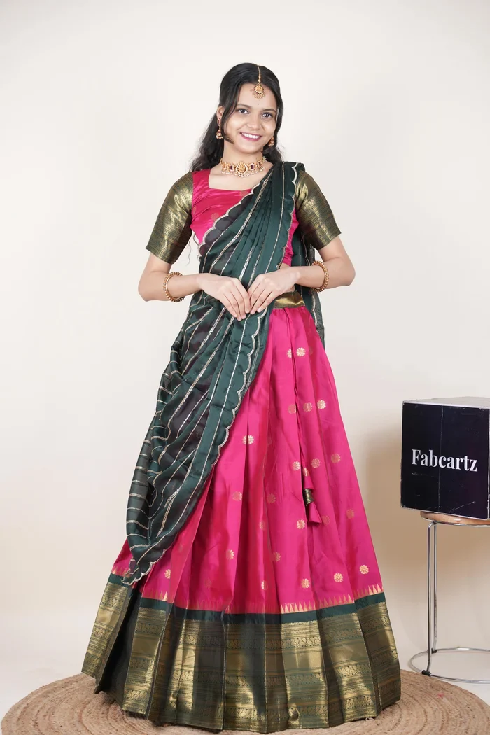 Beautiful South Indian Style Half Saree with Embroidery Blouse and Dupatta for Women | Hyderabadi Kv - Image 84