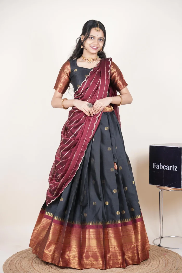 Beautiful South Indian Style Half Saree with Embroidery Blouse and Dupatta for Women | Hyderabadi Kv - Image 9