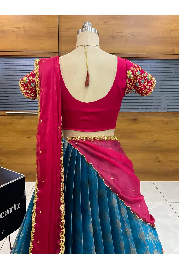 Beautiful South Indian Style Half Saree with Embroidery Blouse and Dupatta for Women | Ishita - Image 11