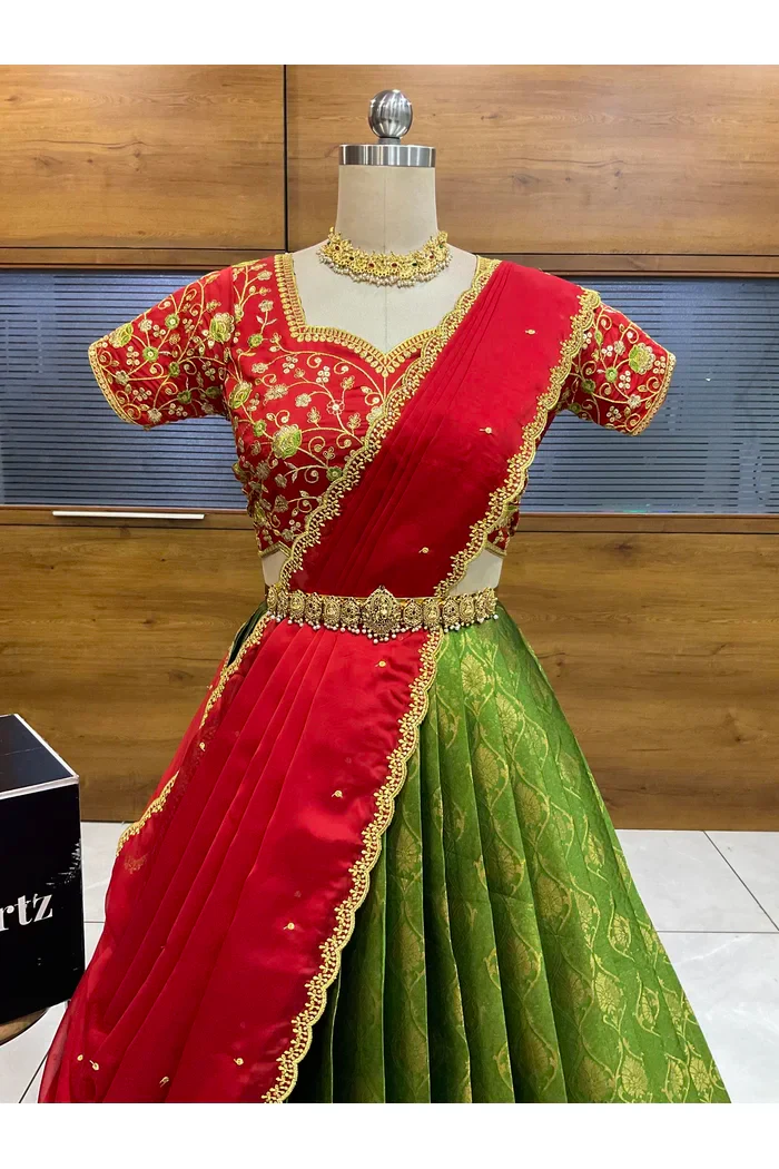 Beautiful South Indian Style Half Saree with Embroidery Blouse and Dupatta for Women | Ishita - Image 19