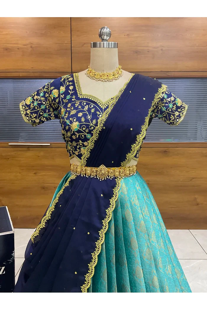 Beautiful South Indian Style Half Saree with Embroidery Blouse and Dupatta for Women | Ishita - Image 26