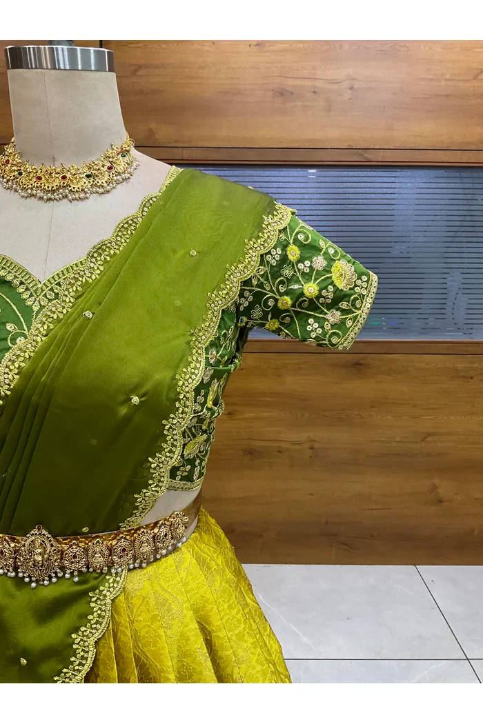 Beautiful South Indian Style Half Saree with Embroidery Blouse and Dupatta for Women | Ishita - Image 36