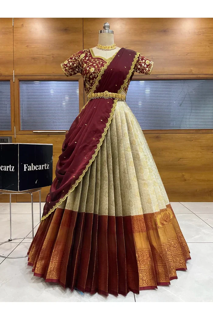 Beautiful South Indian Style Half Saree with Embroidery Blouse and Dupatta for Women | Ishita - Image 39