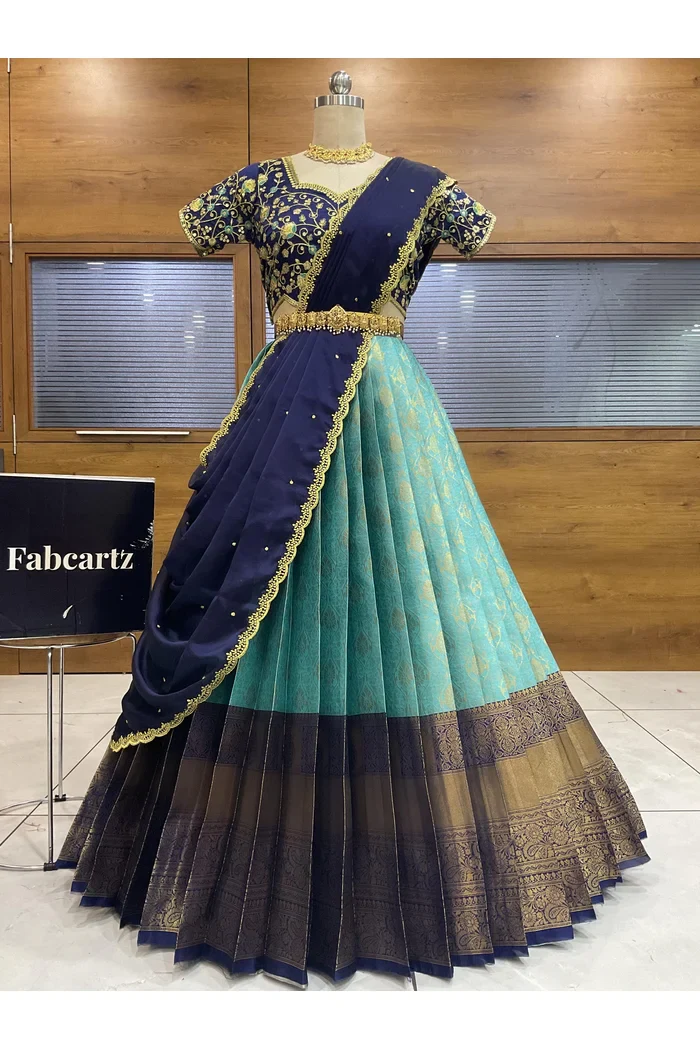 Beautiful South Indian Style Half Saree with Embroidery Blouse and Dupatta for Women | Ishita - Image 69