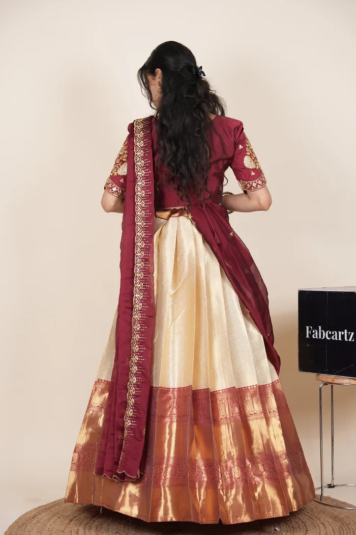Beautiful South Indian Style Half Saree with Embroidery Blouse and Dupatta for Women | Kalyani Kv - Image 2