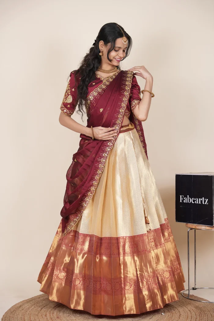 Beautiful South Indian Style Half Saree with Embroidery Blouse and Dupatta for Women | Kalyani Kv - Image 3