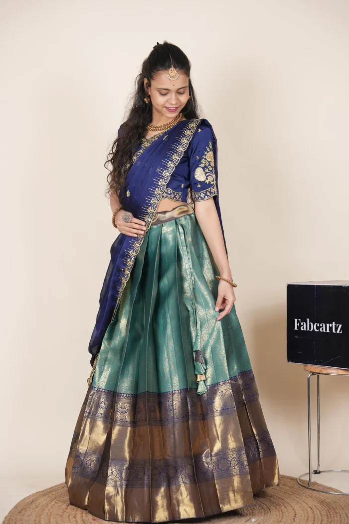 Beautiful South Indian Style Half Saree with Embroidery Blouse and Dupatta for Women | Kalyani Kv - Image 32