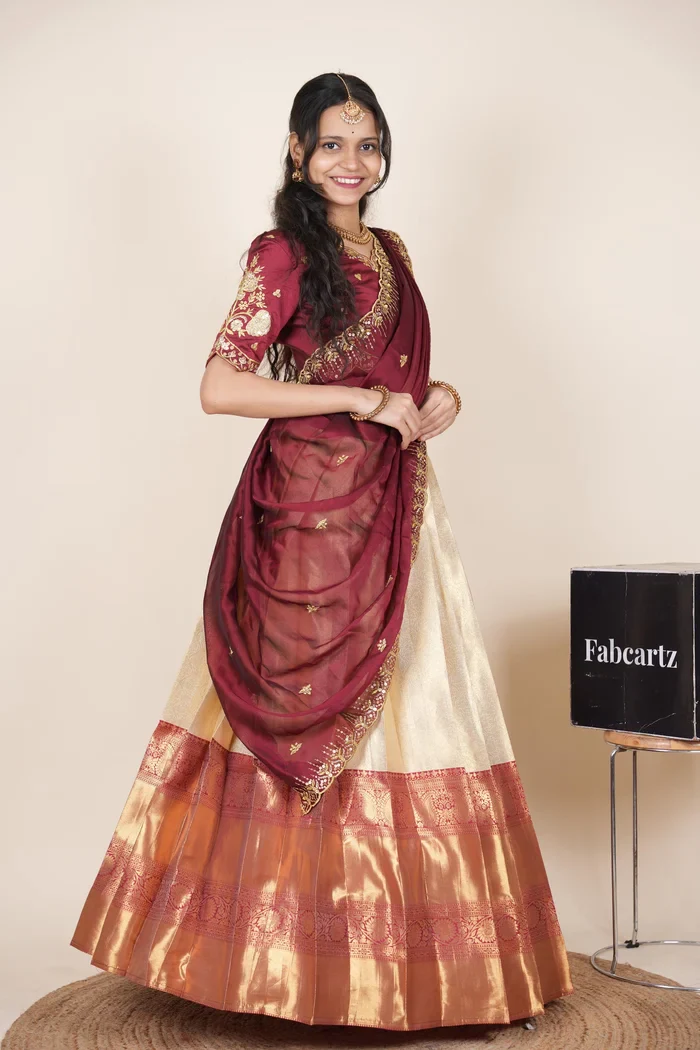 Beautiful South Indian Style Half Saree with Embroidery Blouse and Dupatta for Women | Kalyani Kv - Image 4