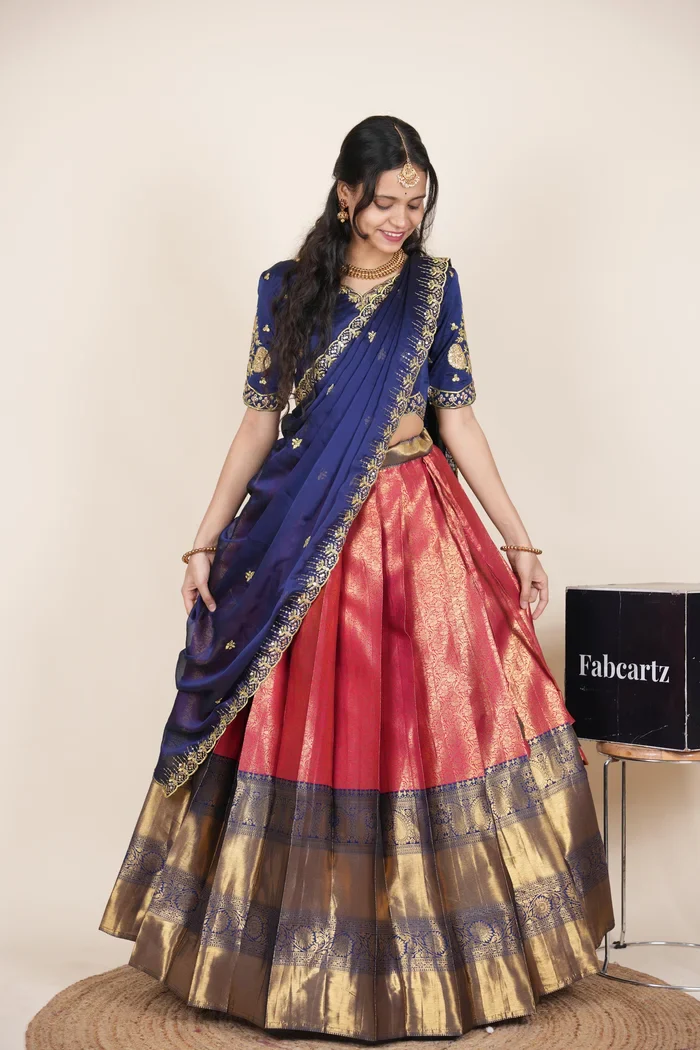 Beautiful South Indian Style Half Saree with Embroidery Blouse and Dupatta for Women | Kalyani Kv - Image 42