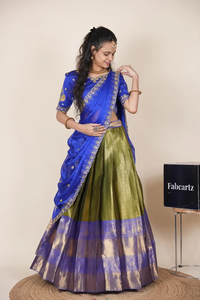 Beautiful South Indian Style Half Saree with Embroidery Blouse and Dupatta for Women | Kalyani Kv - Image 48