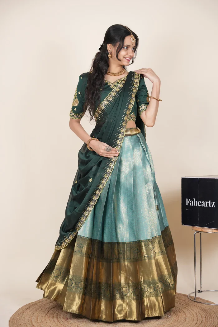 Beautiful South Indian Style Half Saree with Embroidery Blouse and Dupatta for Women | Kalyani Kv - Image 57