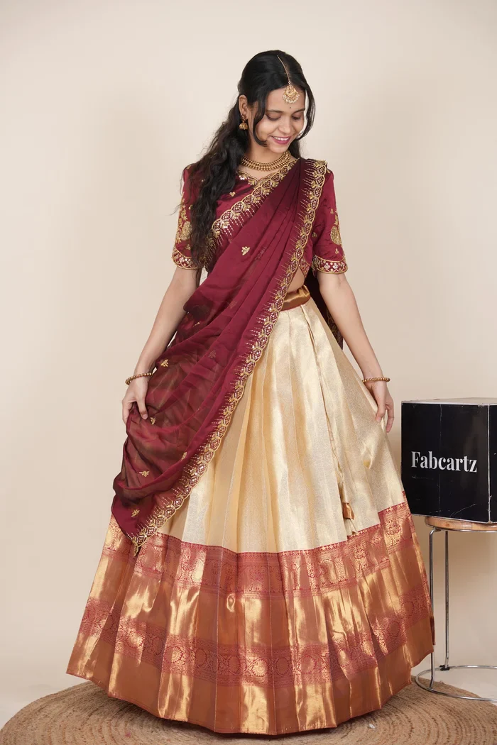 Beautiful South Indian Style Half Saree with Embroidery Blouse and Dupatta for Women | Kalyani Kv - Image 6