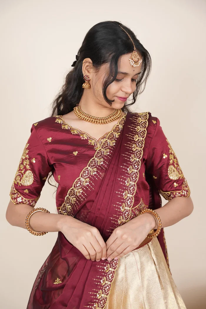 Beautiful South Indian Style Half Saree with Embroidery Blouse and Dupatta for Women | Kalyani Kv - Image 7
