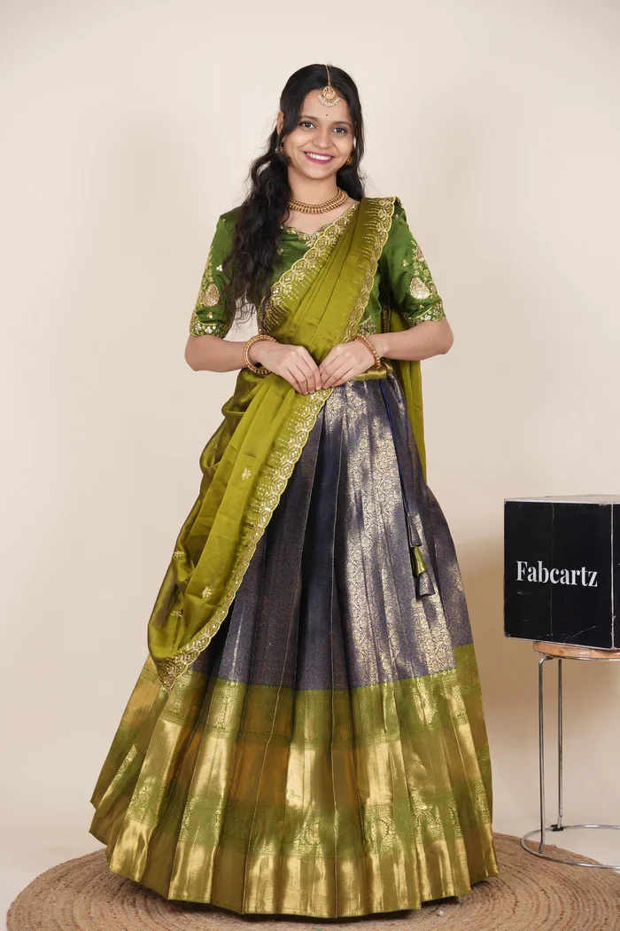Beautiful South Indian Style Half Saree with Embroidery Blouse and Dupatta for Women | Kalyani Kv - Image 71