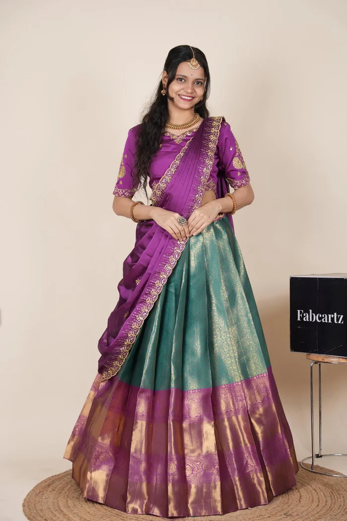 Beautiful South Indian Style Half Saree with Embroidery Blouse and Dupatta for Women | Kalyani Kv - Image 78