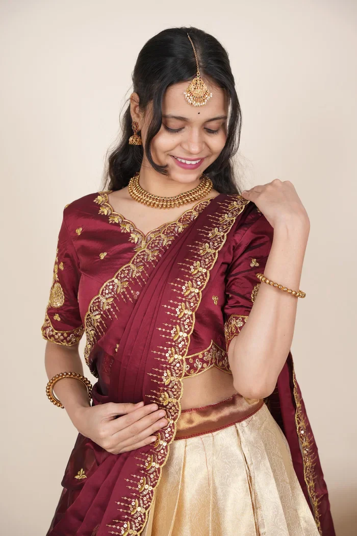 Beautiful South Indian Style Half Saree with Embroidery Blouse and Dupatta for Women | Kalyani Kv - Image 8